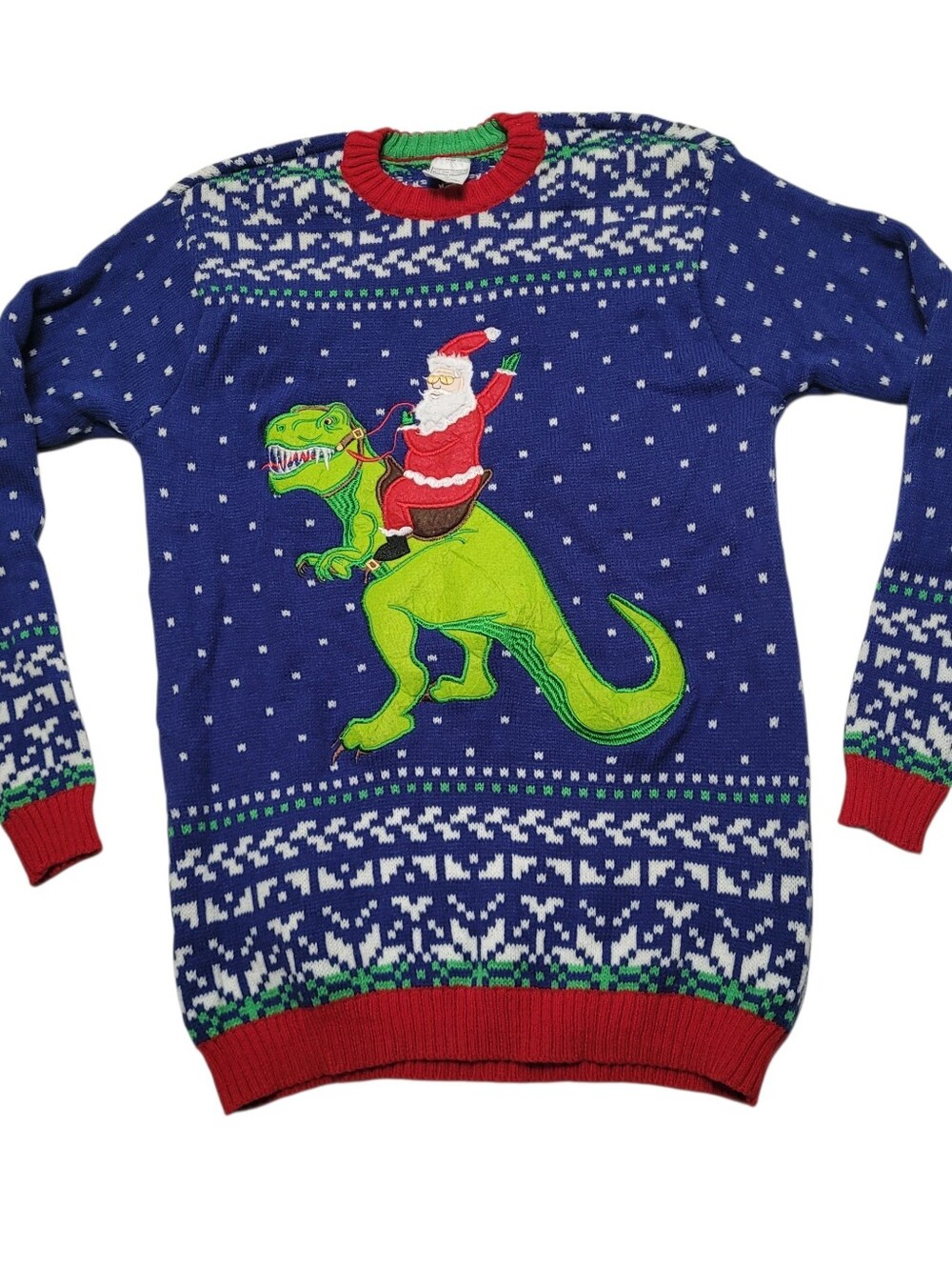 Men's Ugly Christmas Sweater Santa Riding T-Rex Dinosaur Holiday Party Fun Soft